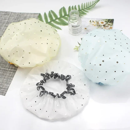 Waterproof Double-Layer Shower Cap Starry Sky Design Fashion Reusable Bathing Hat Kitchen Oil-proof Sanitary Hat