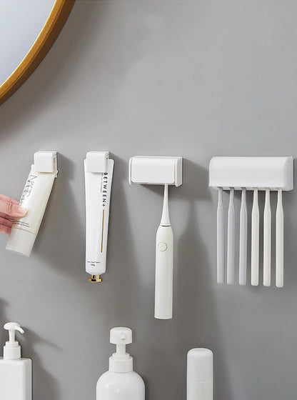 Toothbrush Holder Punch-free Wall-mounted Organizer Toothpaste Holder Oothpaste Dispenser Squeezer Bathroom Accessories