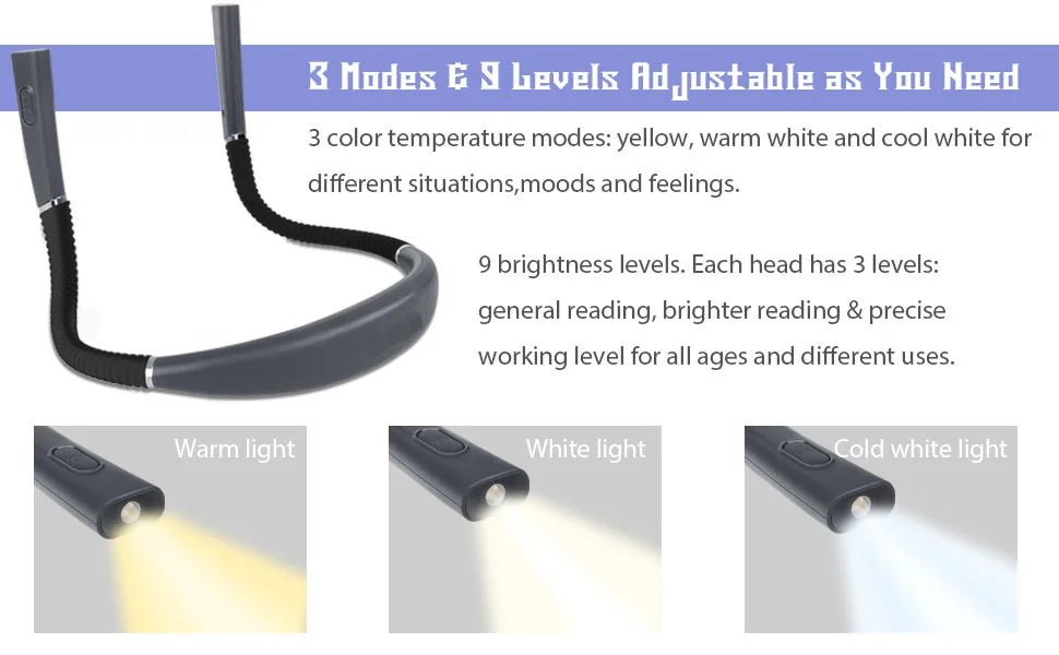 Neck Reading Light Novelty Flexible Neck Lights Handsfree Book Light Hanling Read Lamp Portable USB Rechargeable Book Lighting