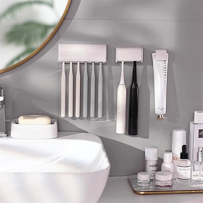 Toothbrush Holder Punch-free Wall-mounted Organizer Toothpaste Holder Oothpaste Dispenser Squeezer Bathroom Accessories