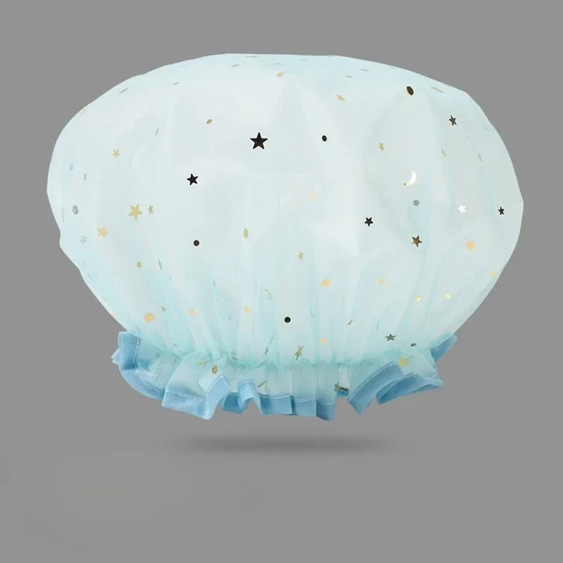 Waterproof Double-Layer Shower Cap Starry Sky Design Fashion Reusable Bathing Hat Kitchen Oil-proof Sanitary Hat