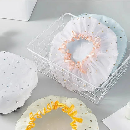 Waterproof Double-Layer Shower Cap Starry Sky Design Fashion Reusable Bathing Hat Kitchen Oil-proof Sanitary Hat